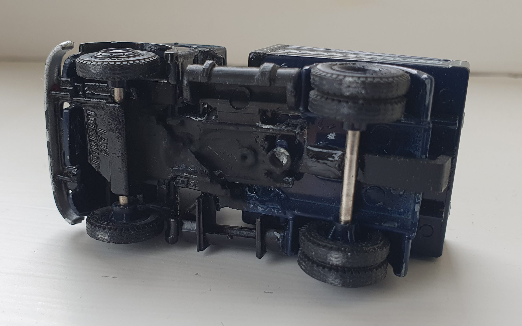 Underside view showing modified chassis and mazak rot damage and repair. 